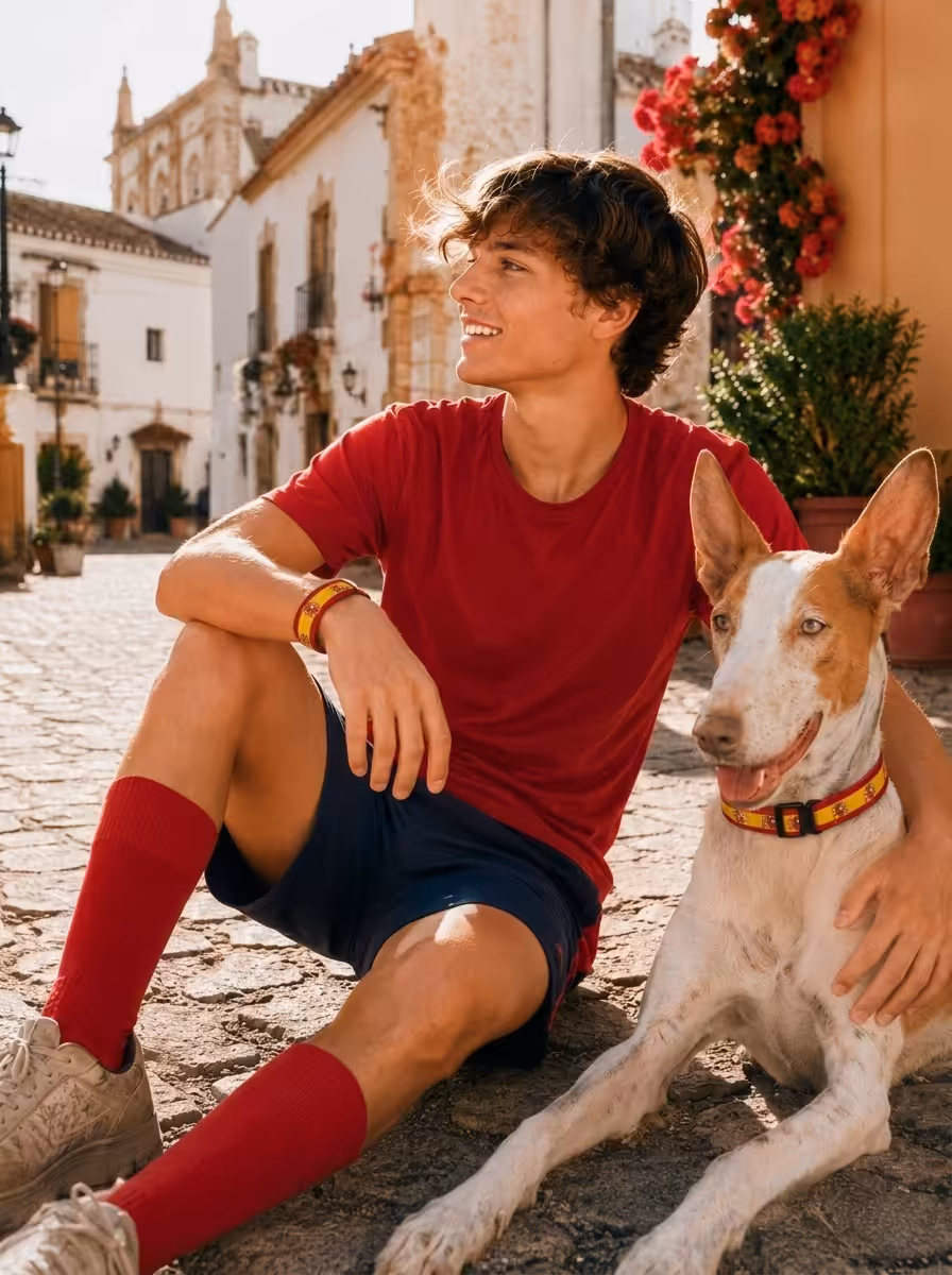 Spain country palette — Amu hand-stitched dog collar, leash, and matching bracelet from the Country Series